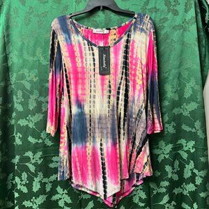 Ninedaily Tie Dye Tunic Top 3/4 Sleeve Handkerchief Hem New With Tags - Size Lg